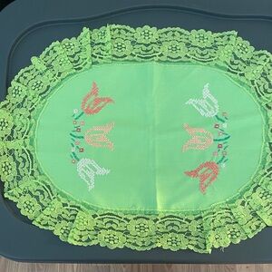 Vintage Handmade Green Lace Placemat with Cross Stitch Floral Design